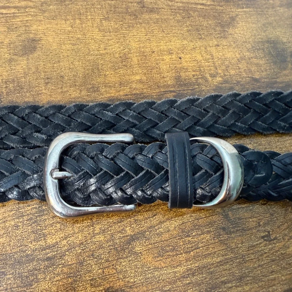 Vtg Black Braided Genuine Leather Belt Womens M/L Silver Buckle Preppy Classic - Picture 5 of 10